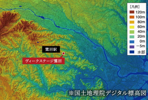 鷺沼駅とヴィークステージ鷺沼の位置を示す国土地理院デジタル標高図